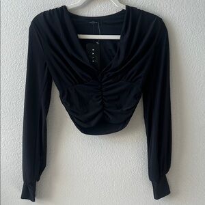 Elegant Black Ruched Long Sleeve Blouse